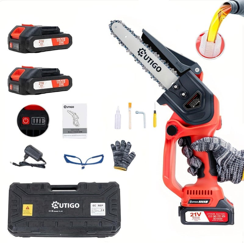 OUTIGO Mini Chainsaw with Battery, 8 inch Electric Chainsaw with 2 * 21V Batteries, with Safety Lock and Strong Motor for Tree Trimming, 800 W - Image 1